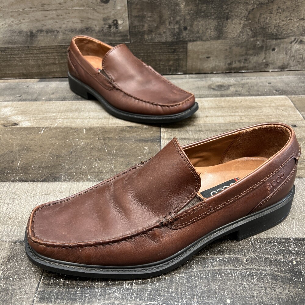 Ecco Mens Brown Leather Slip On Oxfords comfort dress shoes Size 41 Extra Width